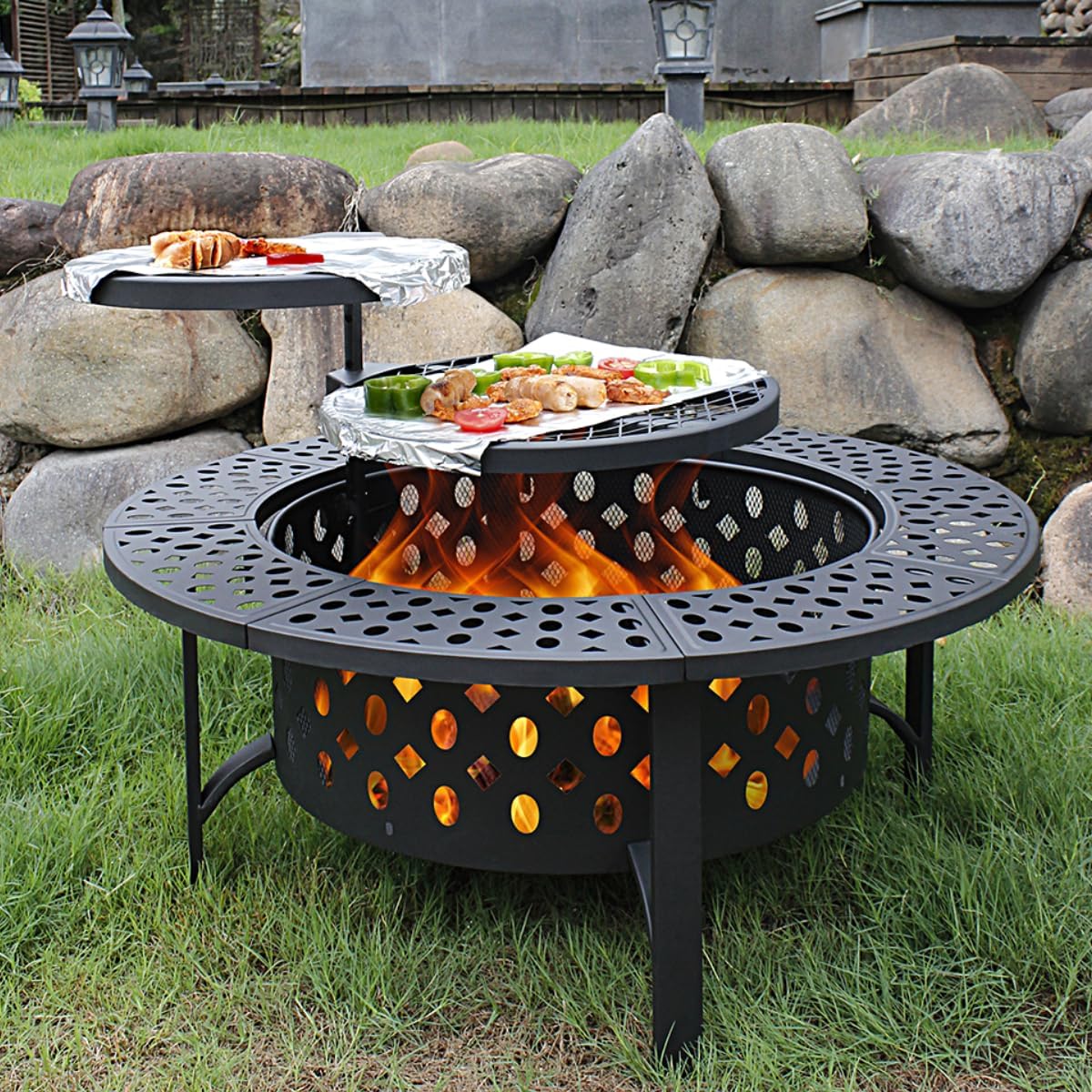 Outdoor Furniture With Fire Pit - 特大木製焚き火台テーブル、回転式BBQグリル付き、屋外用頑丈スチール製焚き火台、スパークスクリーン蓋と焚き火棒付き、庭、パティオ、ピクニックパーティー用、黒