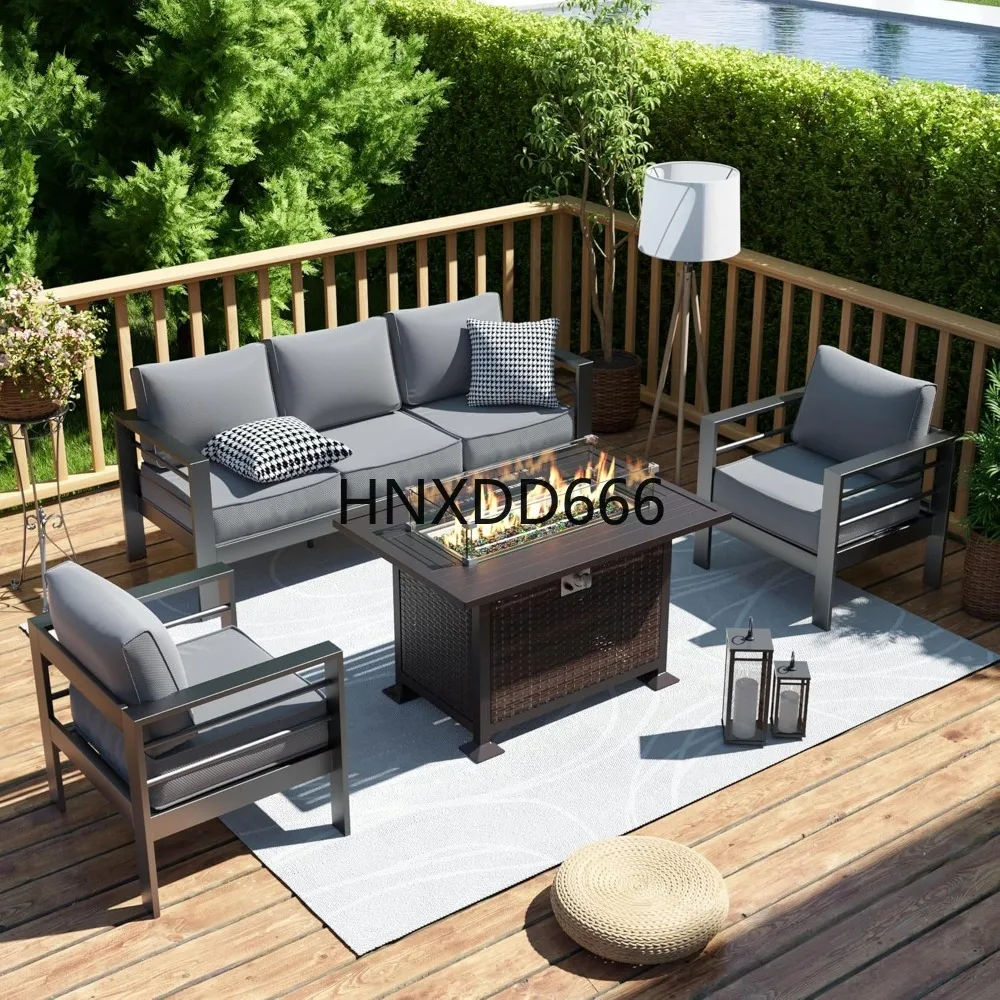 Outdoor Furniture With Fire Pit - ファイヤーピットテーブル付きパティオ家具セット、6点セットアルミ製屋外用セクショナルメタルモダンパティオソファセット