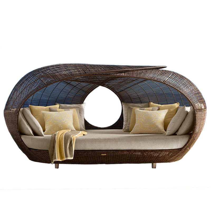 Outdoor Furniture For Sale - 屋外用高品質ラタン製ハーフラウンドデイベッド、柔らかいクッション付きウィッカーパティオ家具デイベッド/ガーデンサンベッド