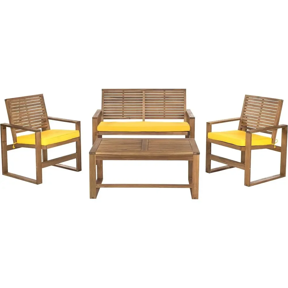 Outdoor Furniture Yellow - ブラウンとイエローの4点セットアカシア製屋外パティオ家具セット