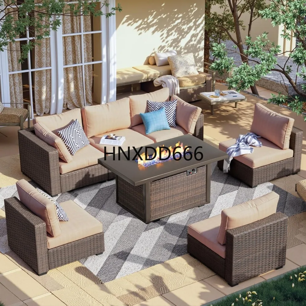 Outdoor Furniture With Fire Pit - 7点セットのパティオ家具セット、ファイヤーピットテーブル付き、屋外用セクショナル会話ソファセット、コーヒーテーブル付き