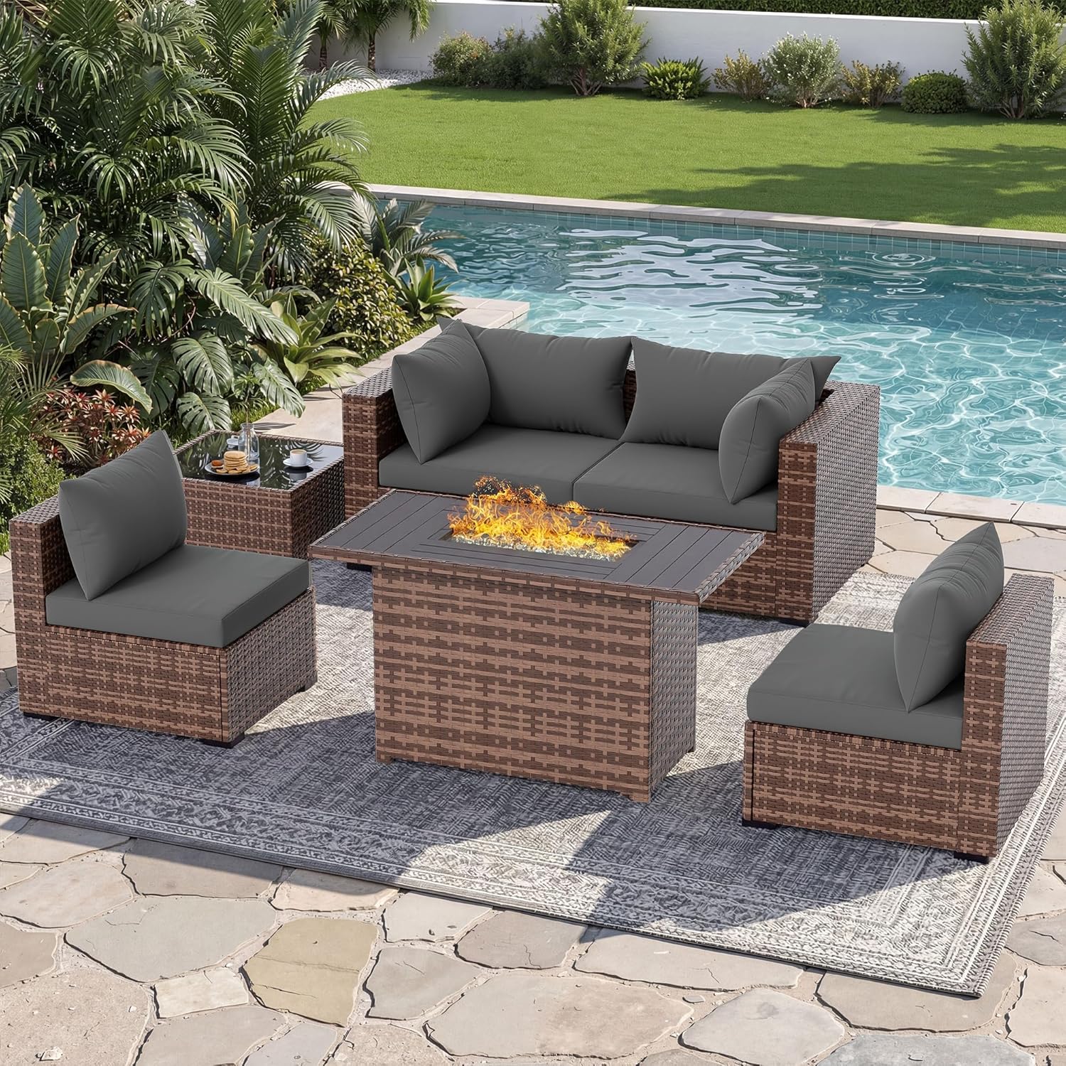 Outdoor Furniture With Fire Pit - 5ピース屋外用セクショナルソファセット、ファイヤーピットテーブル付き、全天候型ウィッカーパティオ会話用家具、庭、裏庭用、グレー