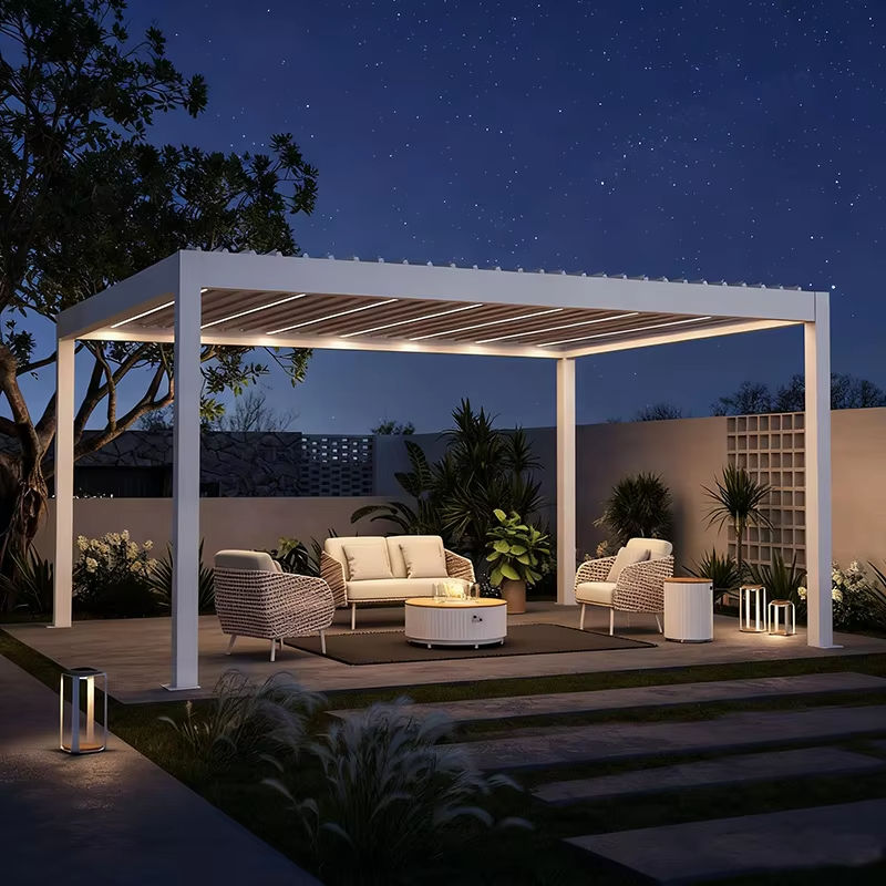 Outdoor Furniture Heavy - 屋外用防錆ヘビーデューティーパビリオン（LEDライトと調整可能なブラインド付き）雨よけパーゴラ長方形ガーデンガゼボ
