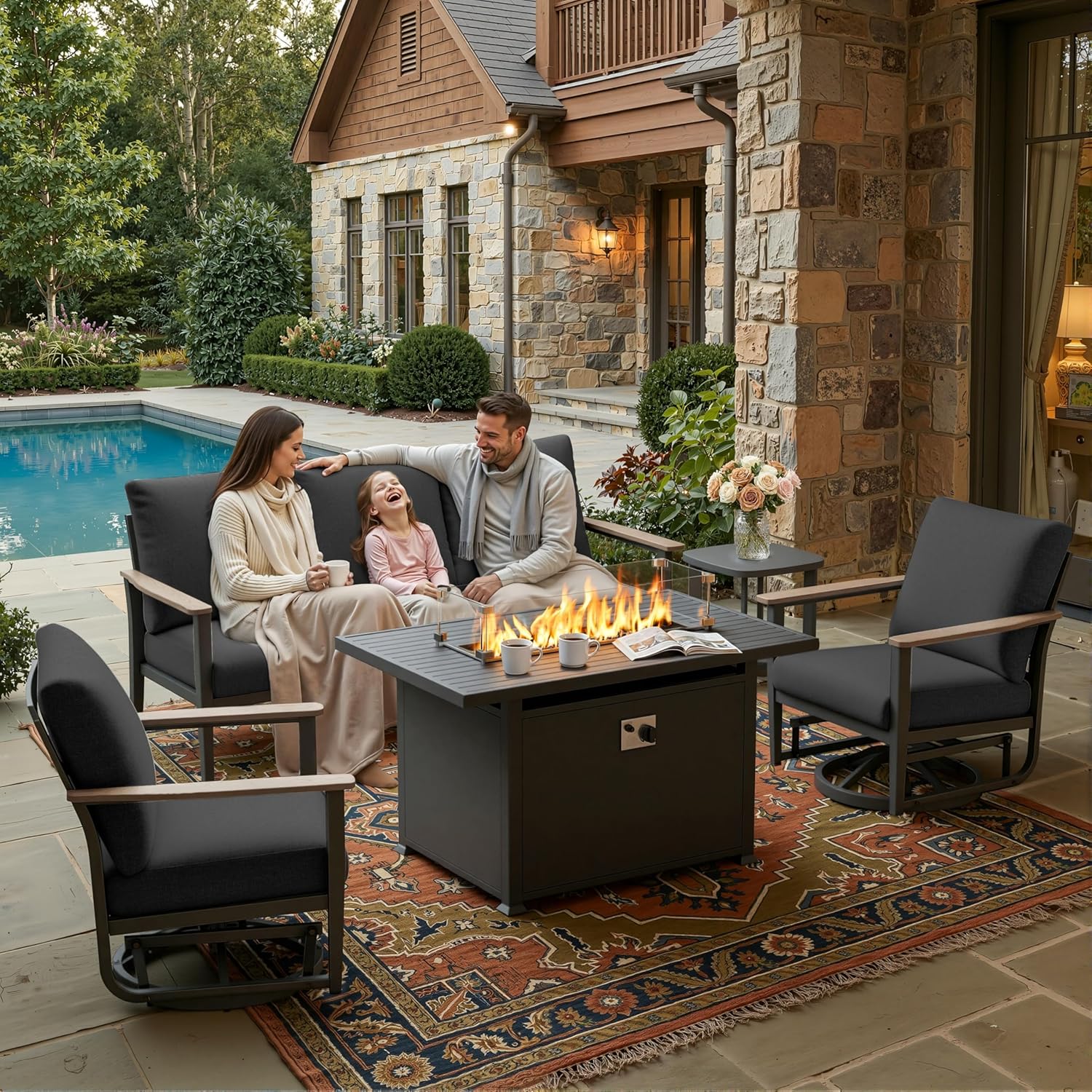 Outdoor Furniture With Fire Pit - 5個入りアルミ製パティオセット回転式ロッカー、5インチクッション、55000BTUプロパン焚き火台、裏庭バルコニー用、カスタマイズ可能