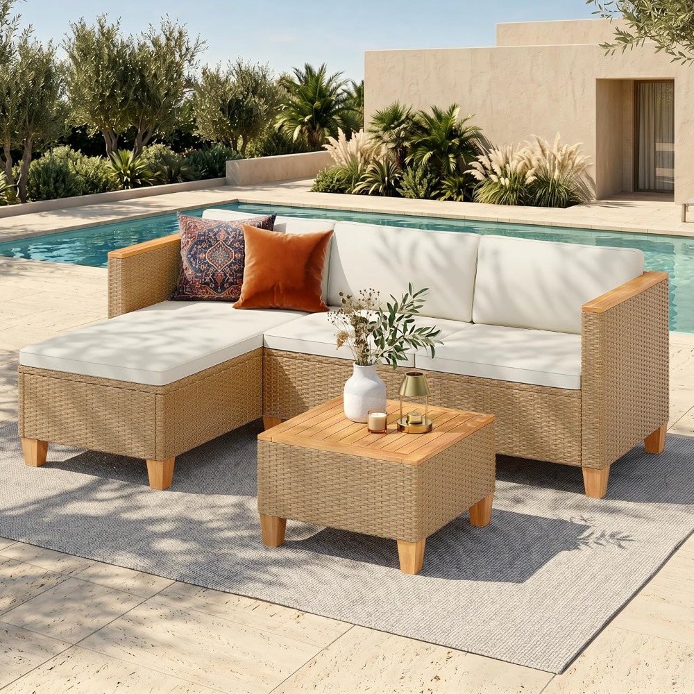 Outdoor Furniture Yellow - 3ピース小型籐製パティオ会話セット、黄色のラタン屋外セクショナルソファ、カスタムメイド