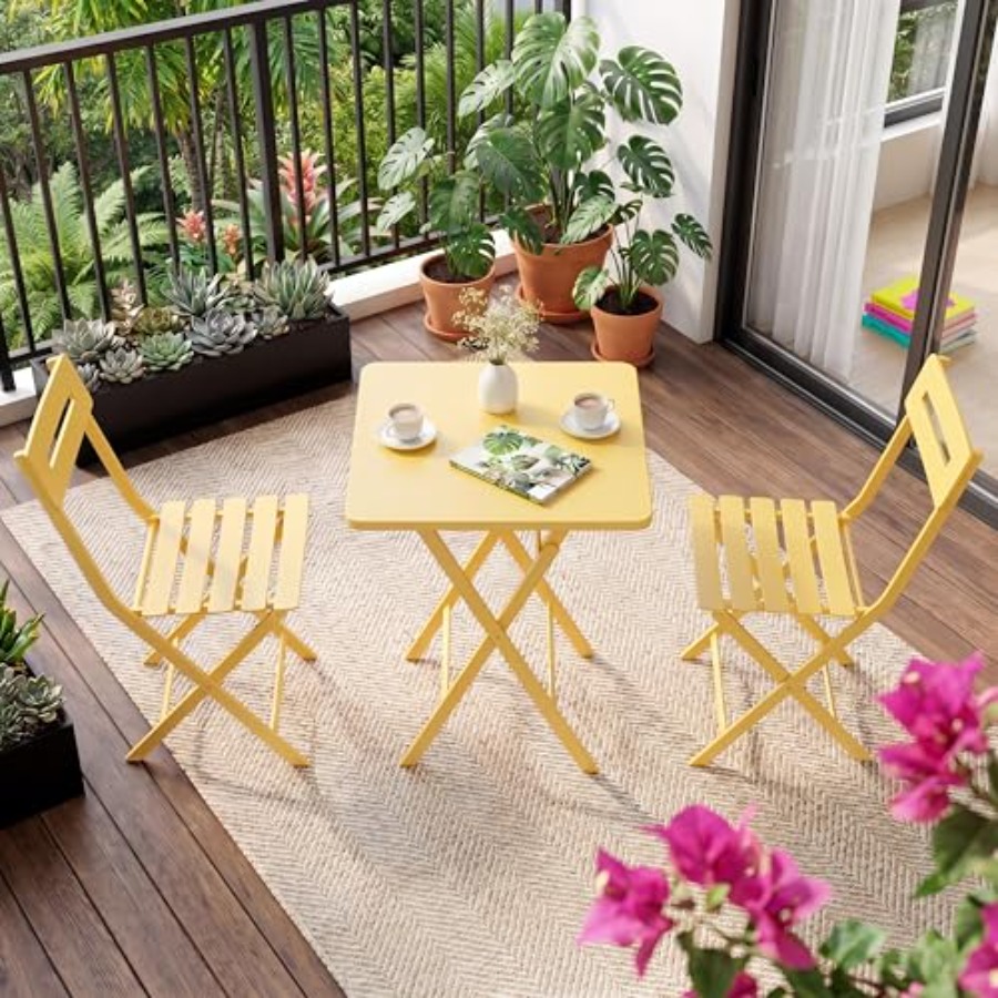 Outdoor Furniture Yellow - パティオガーデンバルコニープールサイド用3ピースビストロセット、折りたたみ式屋外屋内家具、省スペースデザイン、黄色の金属フレーム