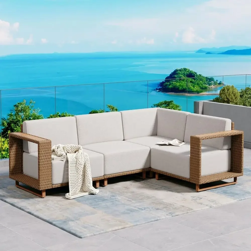 Outdoor Furniture Yellow - L字型屋外用セクショナルソファ、厚いクッション10個付き、芝生や庭用の黄色い籐製パティオ家具セット