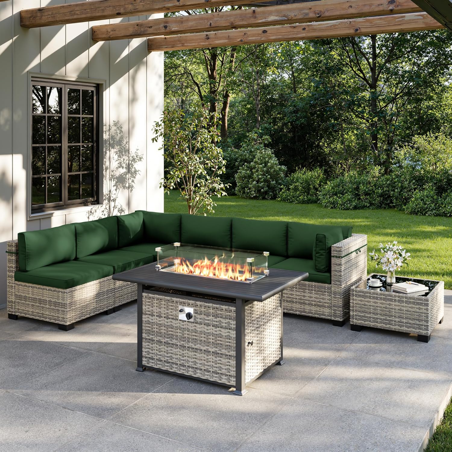 Outdoor Furniture With Fire Pit - 8点セットの屋外パティオ家具セット、55,000 BTUのファイヤーピットテーブル、PE製ウィッカーラタン製セクショナルソファ、カスタマイズ可能