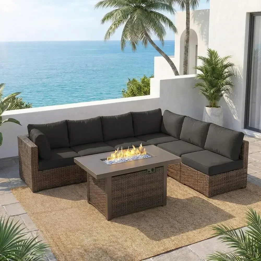 Outdoor Furniture With Fire Pit - 7点セットの屋外パティオ家具セット、42インチのファイヤーピット、クッション付き籐製セクショナルソファ、ブラック