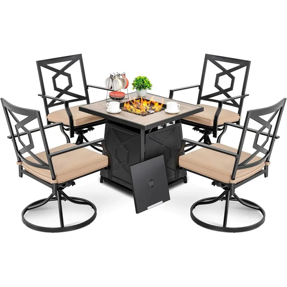 Outdoor Furniture With Fire Pit - 5点セットの屋外パティオ家具セット、ファイヤーピットテーブル、28プロパンガスファイヤーピット、カバー、クッション付き回転式ダイニングチェア4脚、B