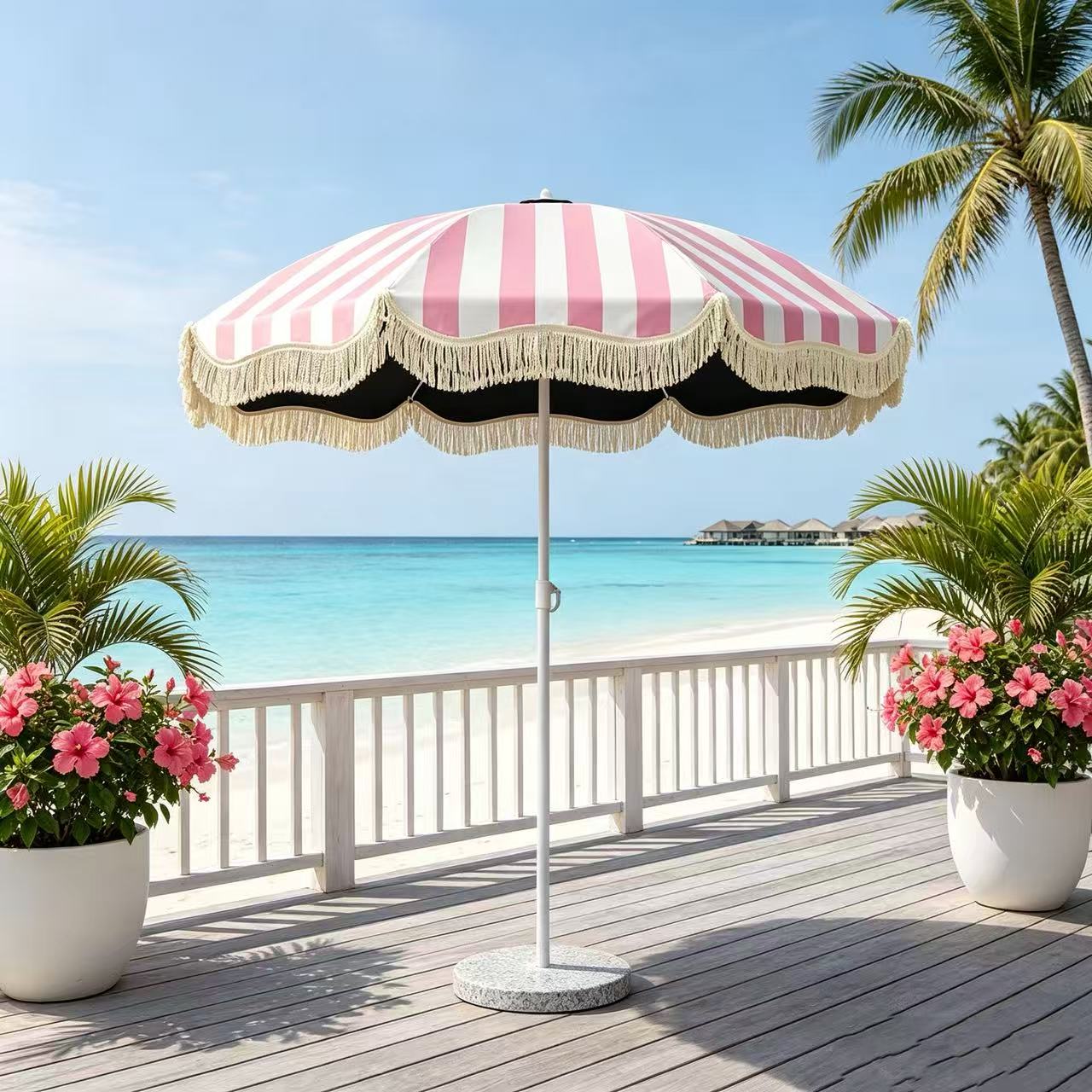 Outdoor Furniture Yellow - ストライプタッセル付きパティオ傘、ピンクホワイト＆イエローホワイトストライプビーチサンパラソル、屋外ガーデンバルコニー裏庭用日よけパラソル