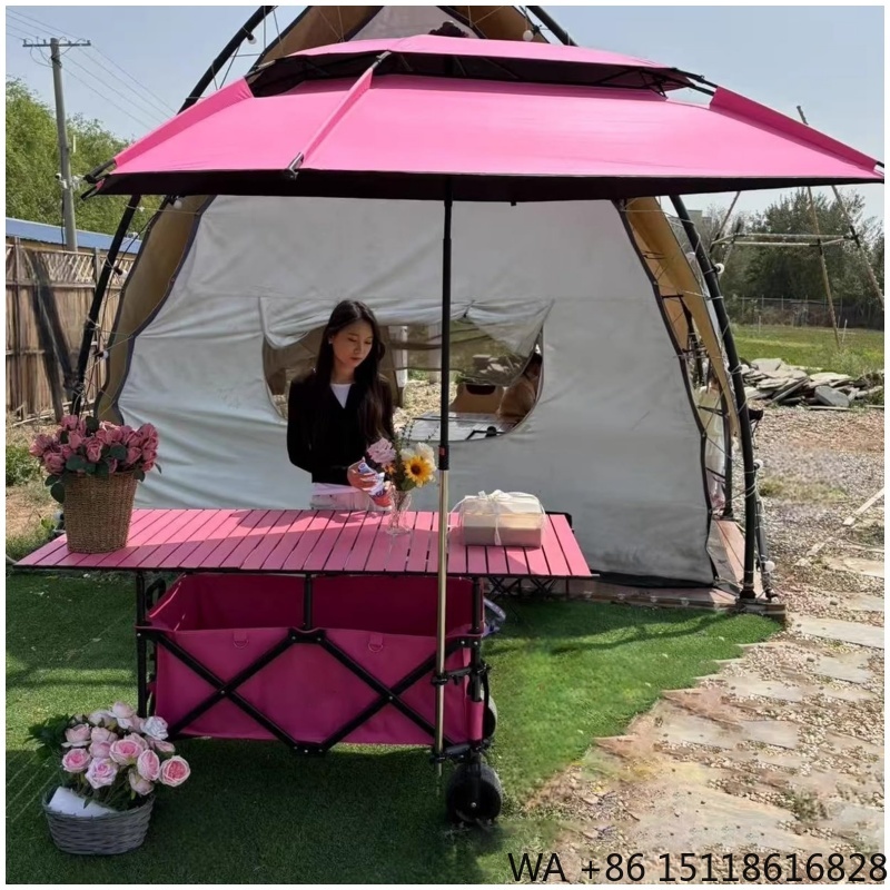 Outdoor Furniture Heavy - 420L高品質4段階高さ調節可能ヘビーデューティー折りたたみ式ワゴン（キャノピー付き、ピンク、幅広ホイール）キャンプ＆販売カート用