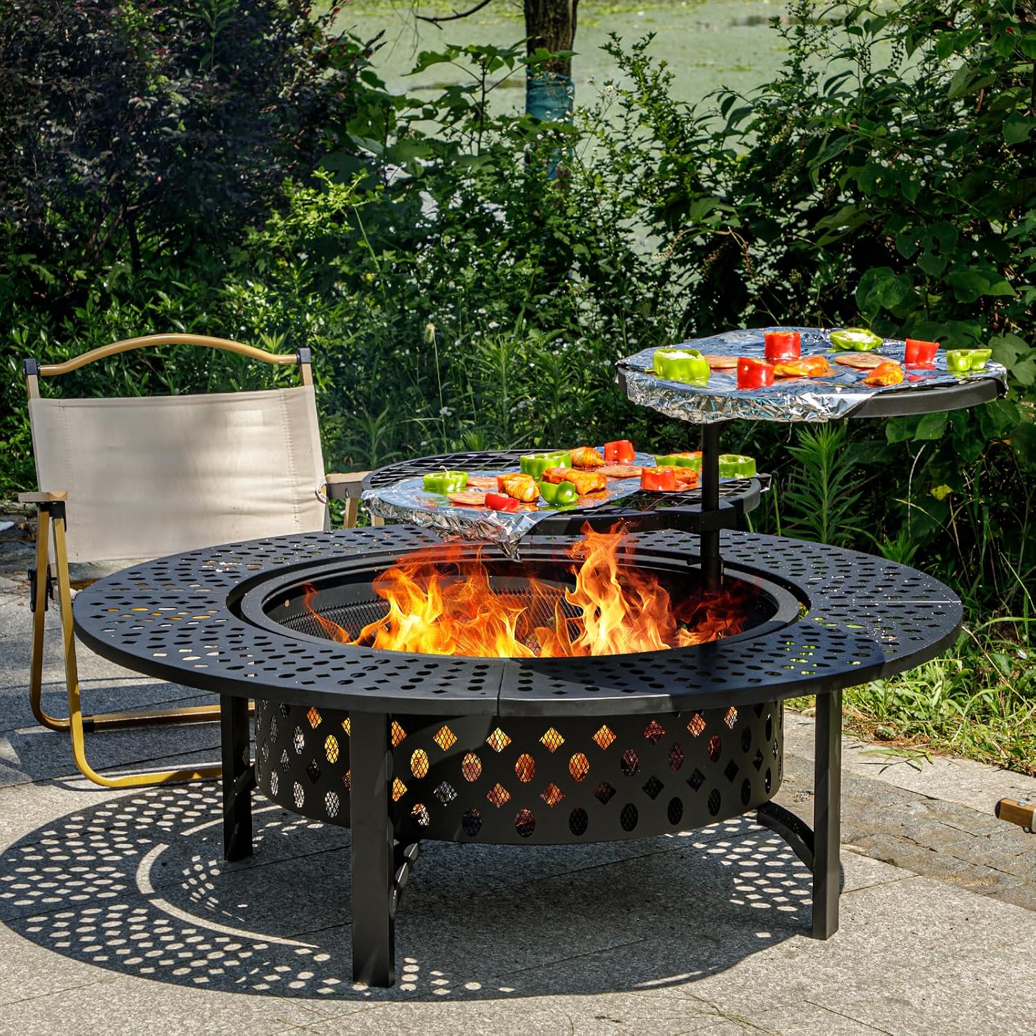 特大木製焚き火台テーブル、回転式BBQグリル付き、屋外用頑丈 - Outdoor Furniture With Fire Pit のレビューと価格
