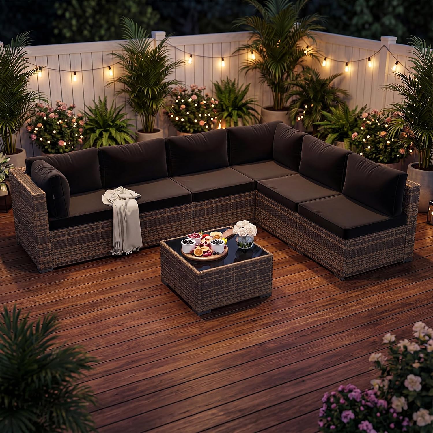 7点セットの籐製パティオ家具セット（厚手のクッションとコーヒ - Outdoor Furniture Yellow のレビューと価格