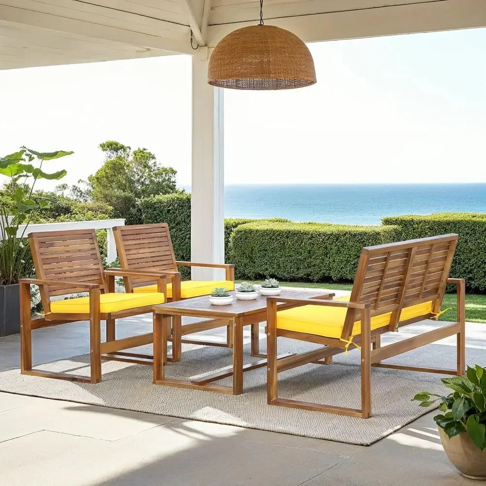 ブラウンとイエローの4点セットアカシア製屋外パティオ家具セッ - Outdoor Furniture Yellow のレビューと価格