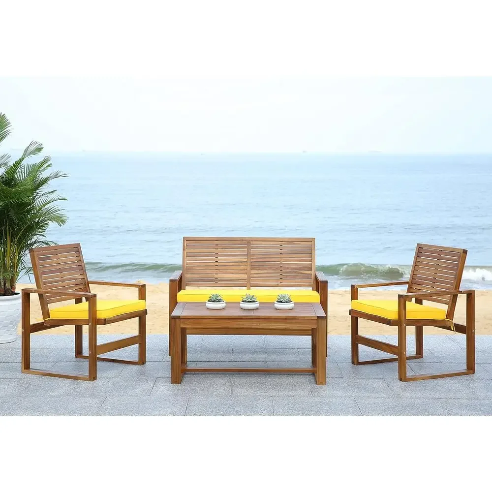 ブラウンとイエローの4点セットアカシア製屋外パティオ家具セッ - Outdoor Furniture Yellow のレビューと価格