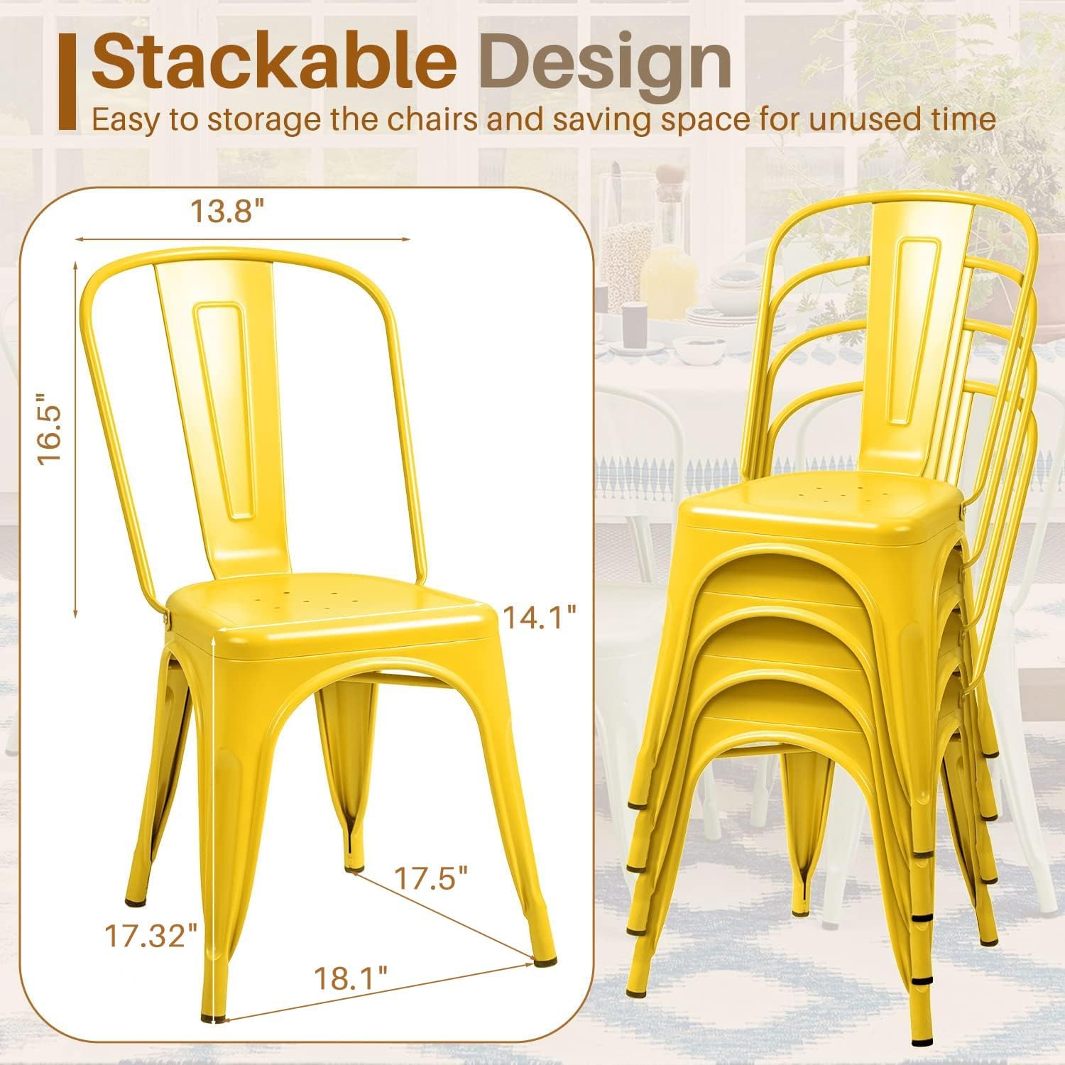 金属製ダイニングチェア 4 個セット 屋内屋外用 スタッカブ - Outdoor Furniture Yellow のレビューと価格