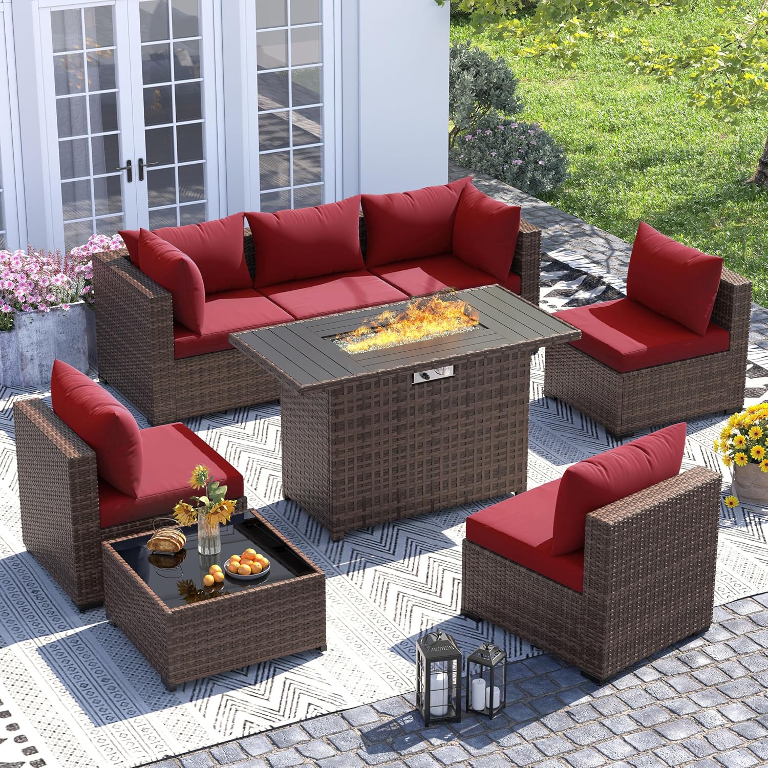 8ピース全天候型ウィッカーセクショナルソファ＆ファイヤーピッ - Outdoor Furniture With Fire Pit のレビューと価格