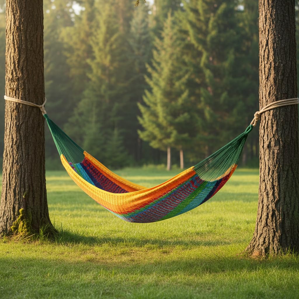 緑、赤、黄色のストライプ柄ダブルハンモック、スプレッダーバー - Outdoor Furniture Yellow のレビューと価格