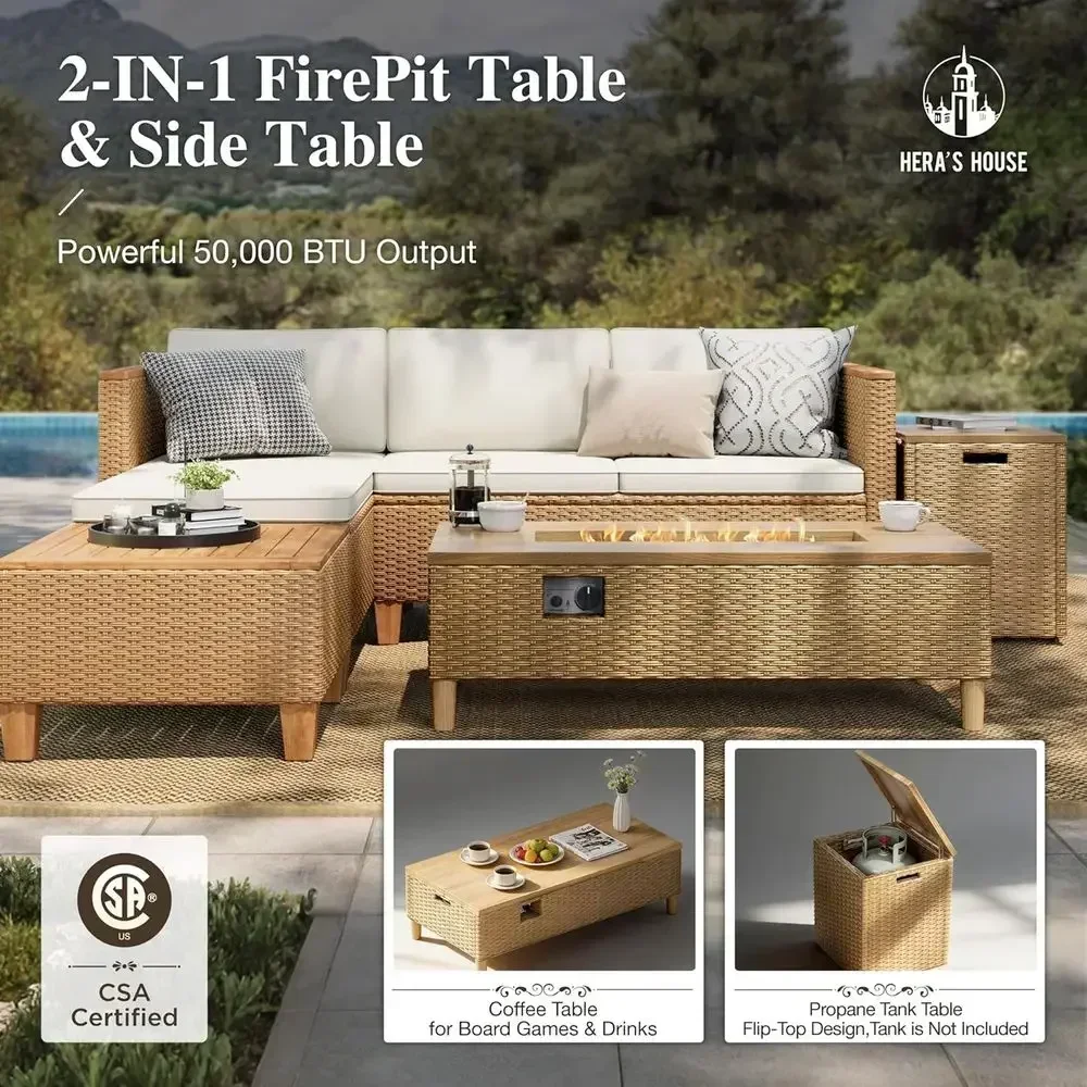 4人掛け屋外用籐製セクショナルセット、ファイヤーピットテーブ - Outdoor Furniture Yellow のレビューと価格