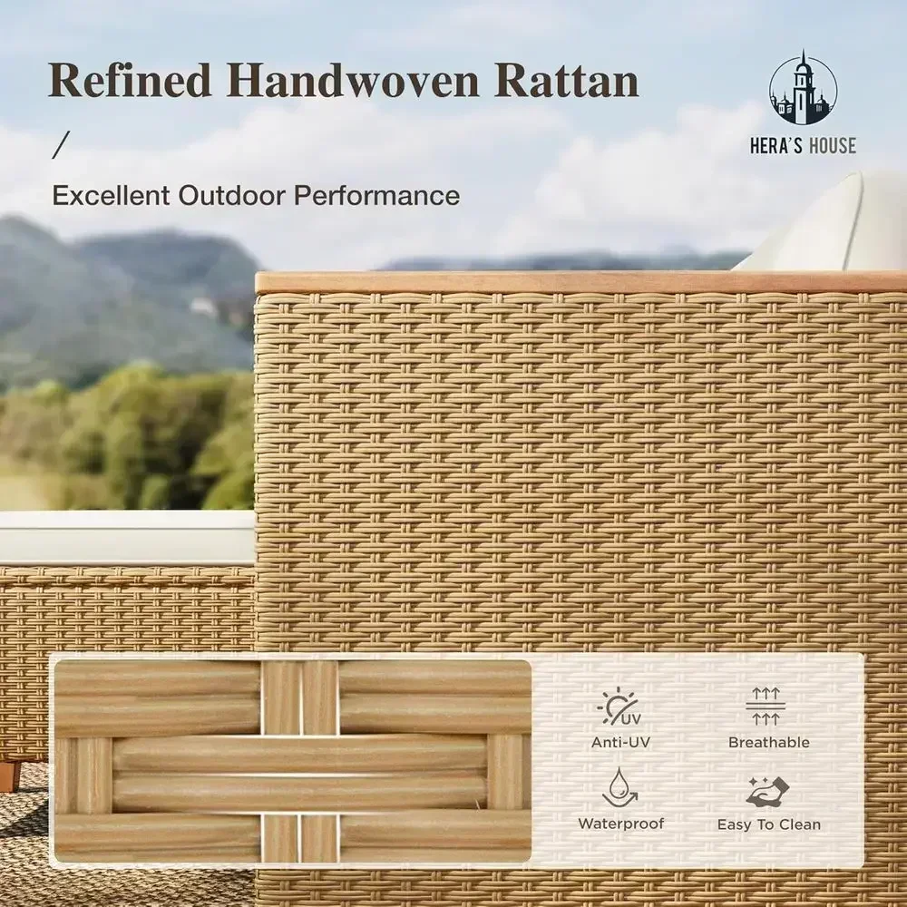 4人掛け屋外用籐製セクショナルセット、ファイヤーピットテーブ - Outdoor Furniture Yellow のレビューと価格
