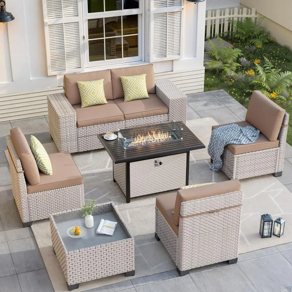 7点セットの屋外パティオ家具セット（ファイヤーピット、セクシ - Outdoor Furniture With Fire Pit のレビューと価格