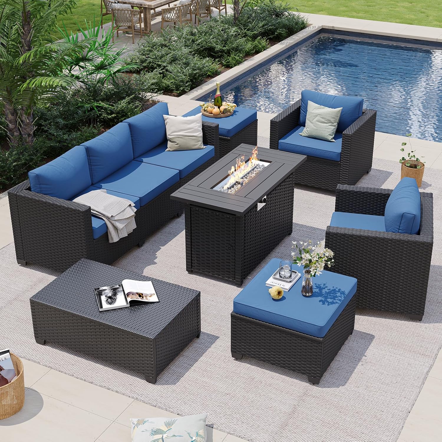 ネイビーブルーの屋外用セクショナルソファ（ファイヤーピットテ - Outdoor Furniture With Fire Pit のレビューと価格