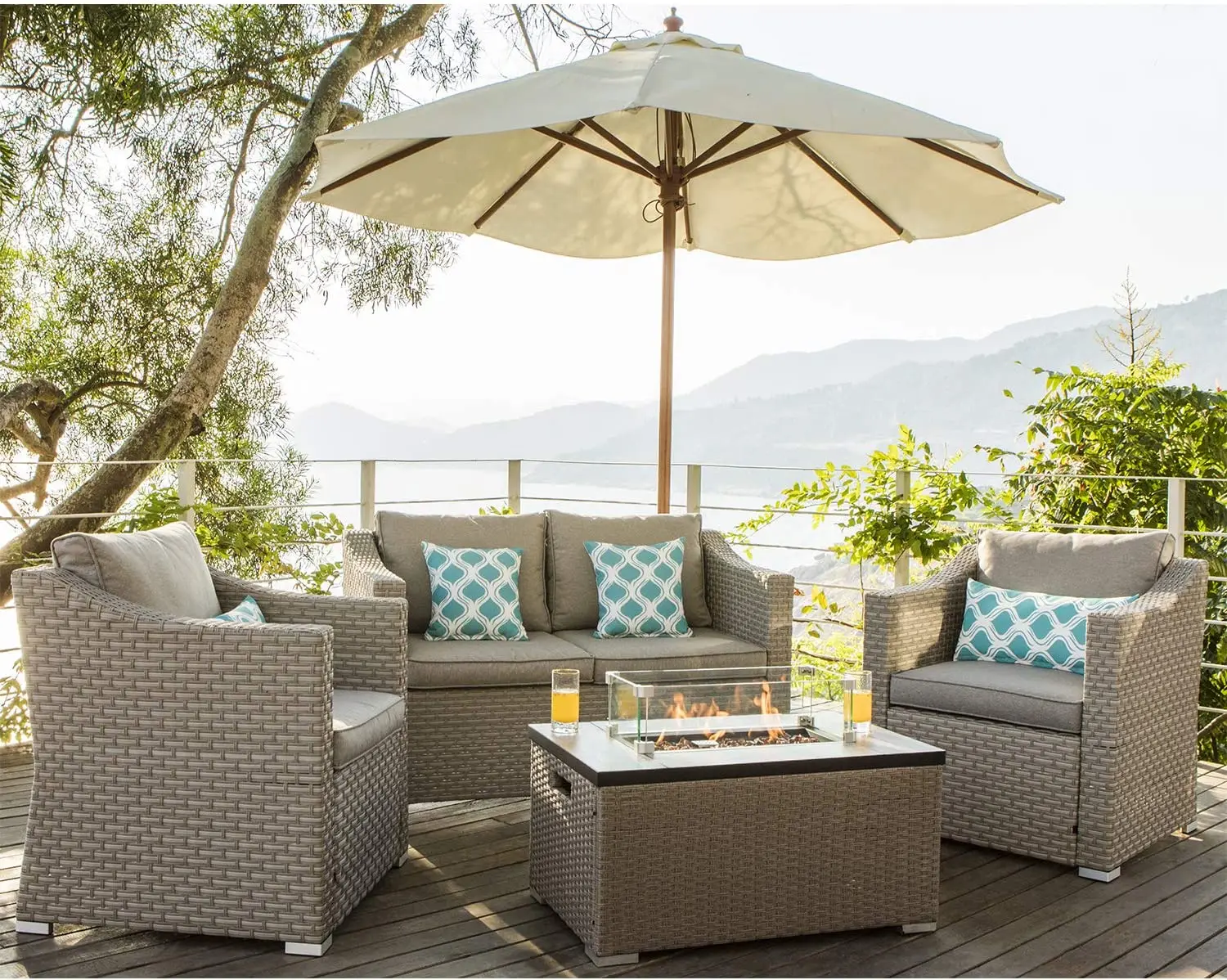 屋外用家具5点セット ウィッカー製セクショナルソファ ガス焚 - Outdoor Furniture With Fire Pit のレビューと価格